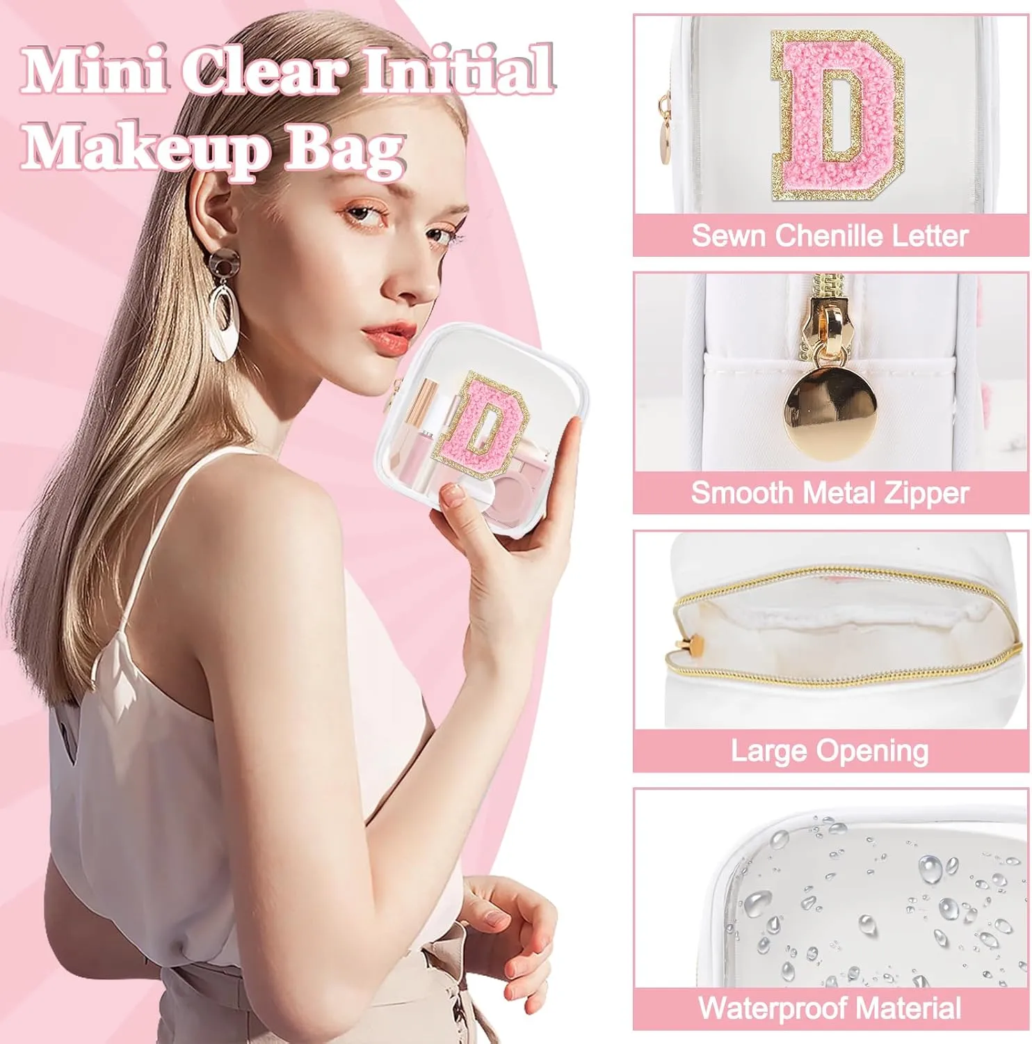 Mini Clear Personalized Initial Makeup Bag,Nylon Preppy A-Z Chenille Letter Patch Zipper Cosmetic Bag, Small Cute Beach Pouch Travel Purse Sanitary Napkin Storage Bag for Women Girls(White-Pink D)