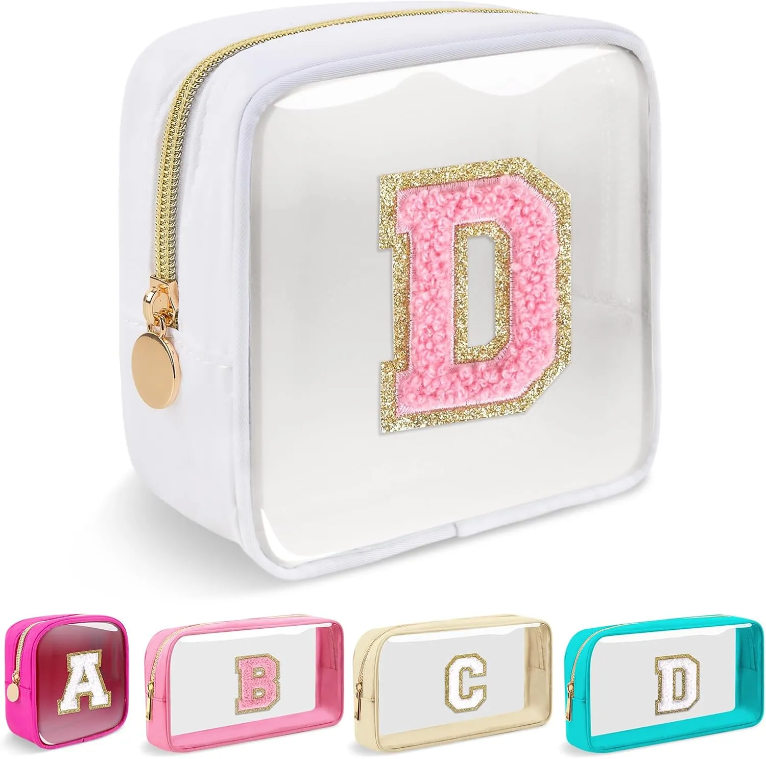 Mini Clear Personalized Initial Makeup Bag,Nylon Preppy A-Z Chenille Letter Patch Zipper Cosmetic Bag, Small Cute Beach Pouch Travel Purse Sanitary Napkin Storage Bag for Women Girls(White-Pink D)