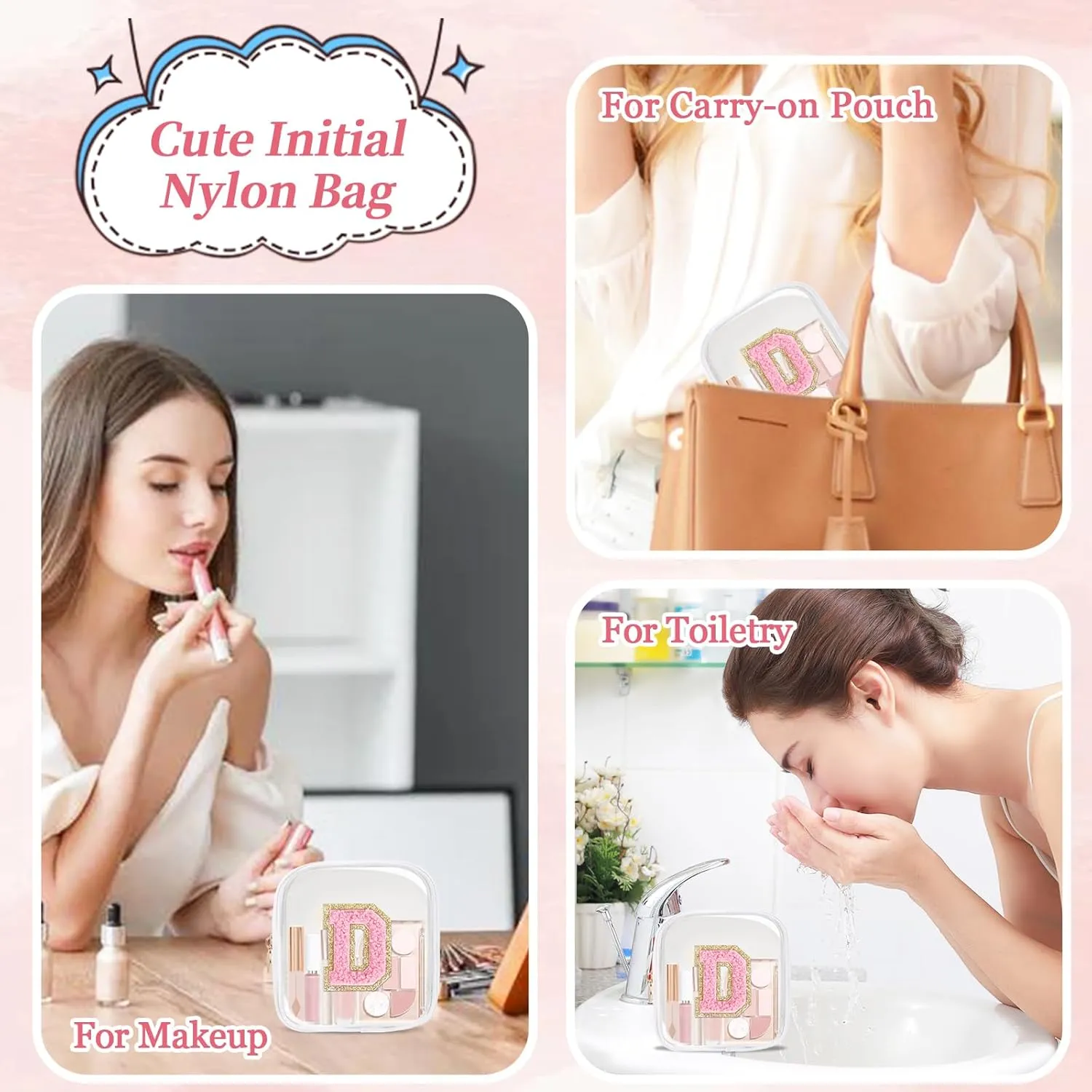 Mini Clear Personalized Initial Makeup Bag,Nylon Preppy A-Z Chenille Letter Patch Zipper Cosmetic Bag, Small Cute Beach Pouch Travel Purse Sanitary Napkin Storage Bag for Women Girls(White-Pink D)