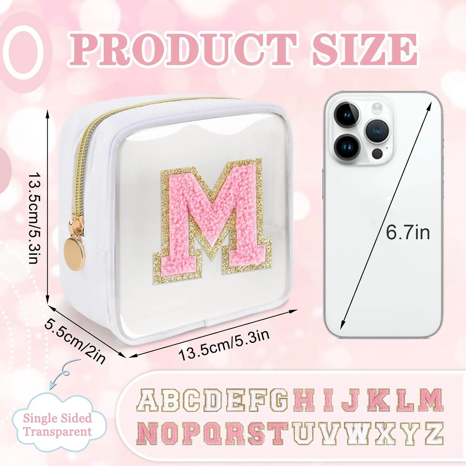 Mini Clear Personalized Initial Makeup Bag,Nylon Preppy A-Z Chenille Letter Patch Zipper Cosmetic Bag, Small Cute Beach Pouch Travel Purse Sanitary Napkin Storage Bag for Women Girls(White-Pink M)