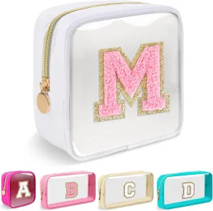 Mini Clear Personalized Initial Makeup Bag,Nylon Preppy A-Z Chenille Letter Patch Zipper Cosmetic Bag, Small Cute Beach Pouch Travel Purse Sanitary Napkin Storage Bag for Women Girls(White-Pink M)