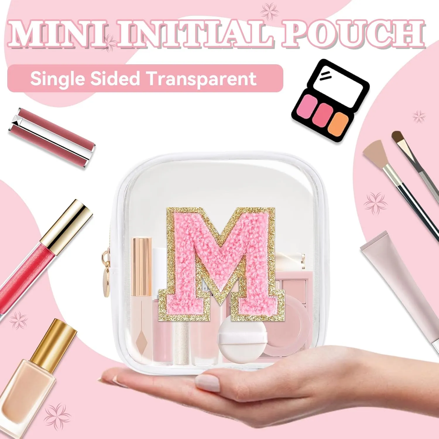 Mini Clear Personalized Initial Makeup Bag,Nylon Preppy A-Z Chenille Letter Patch Zipper Cosmetic Bag, Small Cute Beach Pouch Travel Purse Sanitary Napkin Storage Bag for Women Girls(White-Pink M)