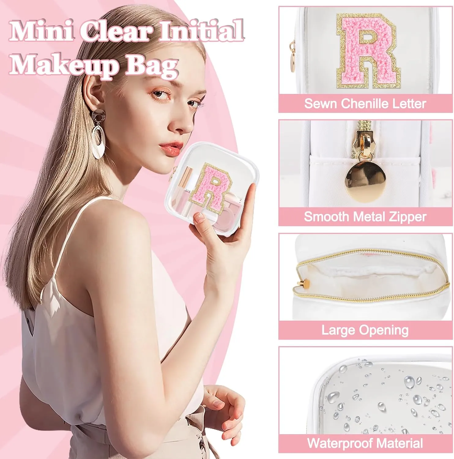 Mini Clear Personalized Initial Makeup Bag,Nylon Preppy A-Z Chenille Letter Patch Zipper Cosmetic Bag, Small Cute Beach Pouch Travel Purse Sanitary Napkin Storage Bag for Women Girls(White-Pink R)