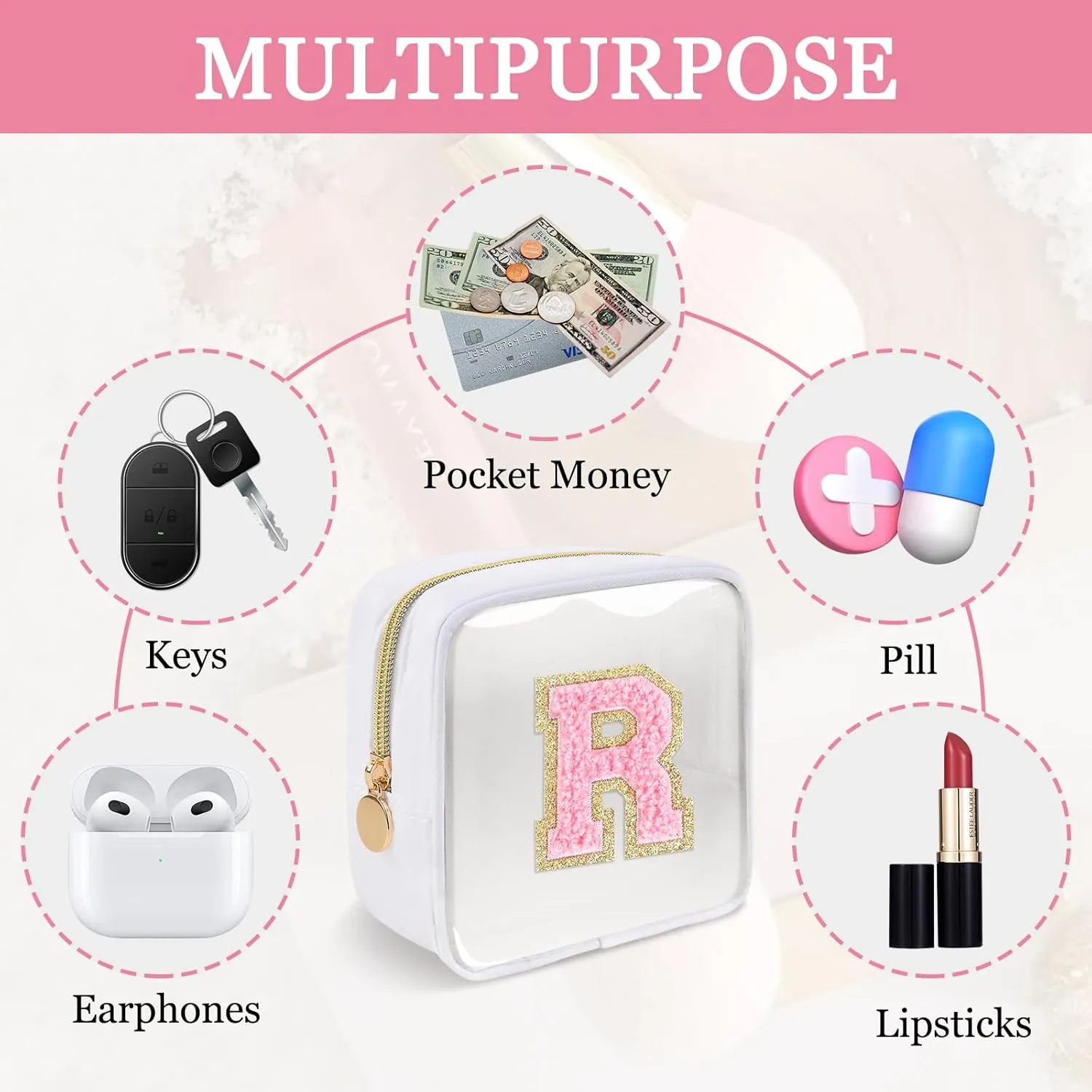 Mini Clear Personalized Initial Makeup Bag,Nylon Preppy A-Z Chenille Letter Patch Zipper Cosmetic Bag, Small Cute Beach Pouch Travel Purse Sanitary Napkin Storage Bag for Women Girls(White-Pink R)