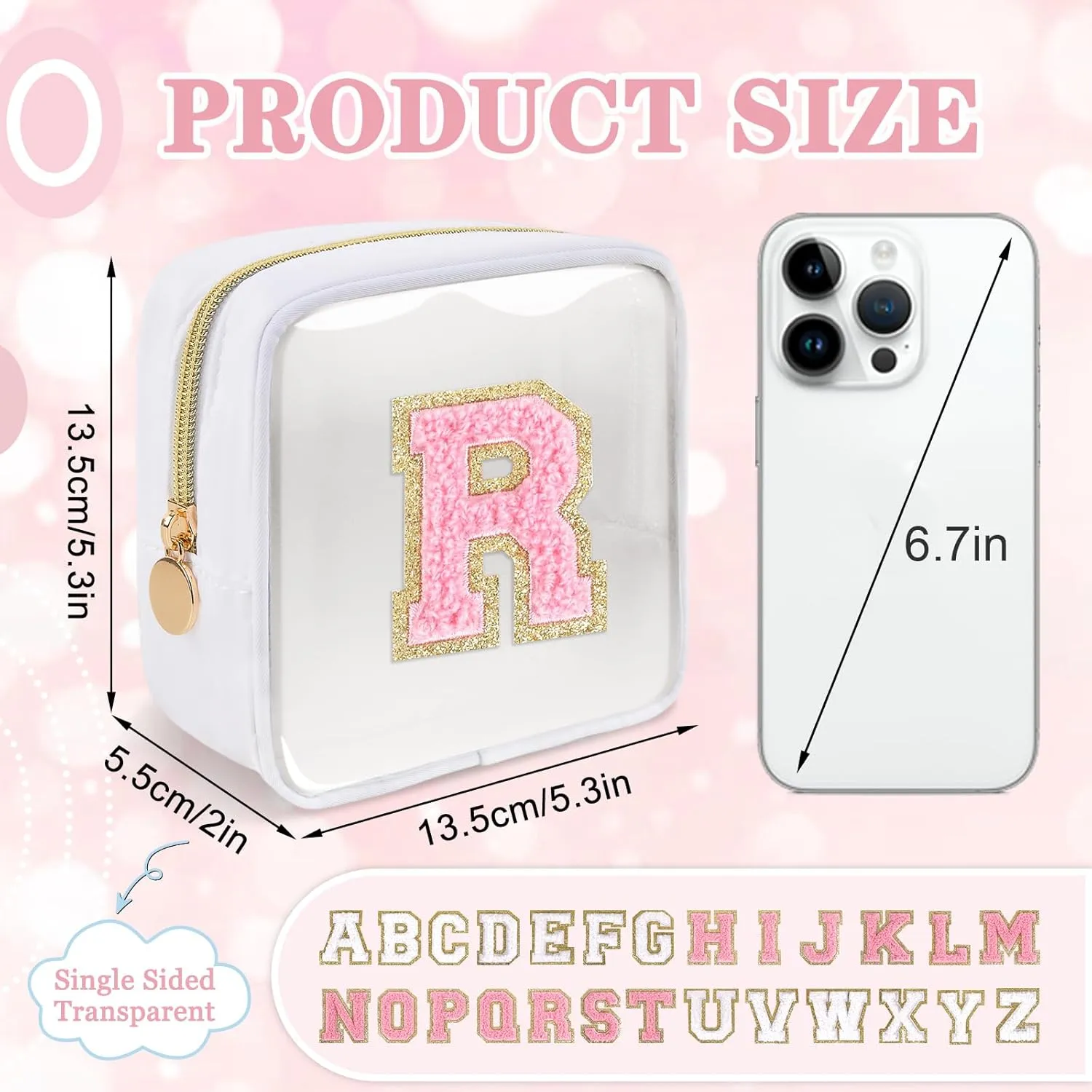 Mini Clear Personalized Initial Makeup Bag,Nylon Preppy A-Z Chenille Letter Patch Zipper Cosmetic Bag, Small Cute Beach Pouch Travel Purse Sanitary Napkin Storage Bag for Women Girls(White-Pink R)