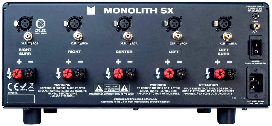 Monolith Multi-Channel Home Theater Power Amplifier - with 5x200 Watt Per Channel Into 8 Ohms, XLR and RCA Inputs, 2 Toroidal Transformers