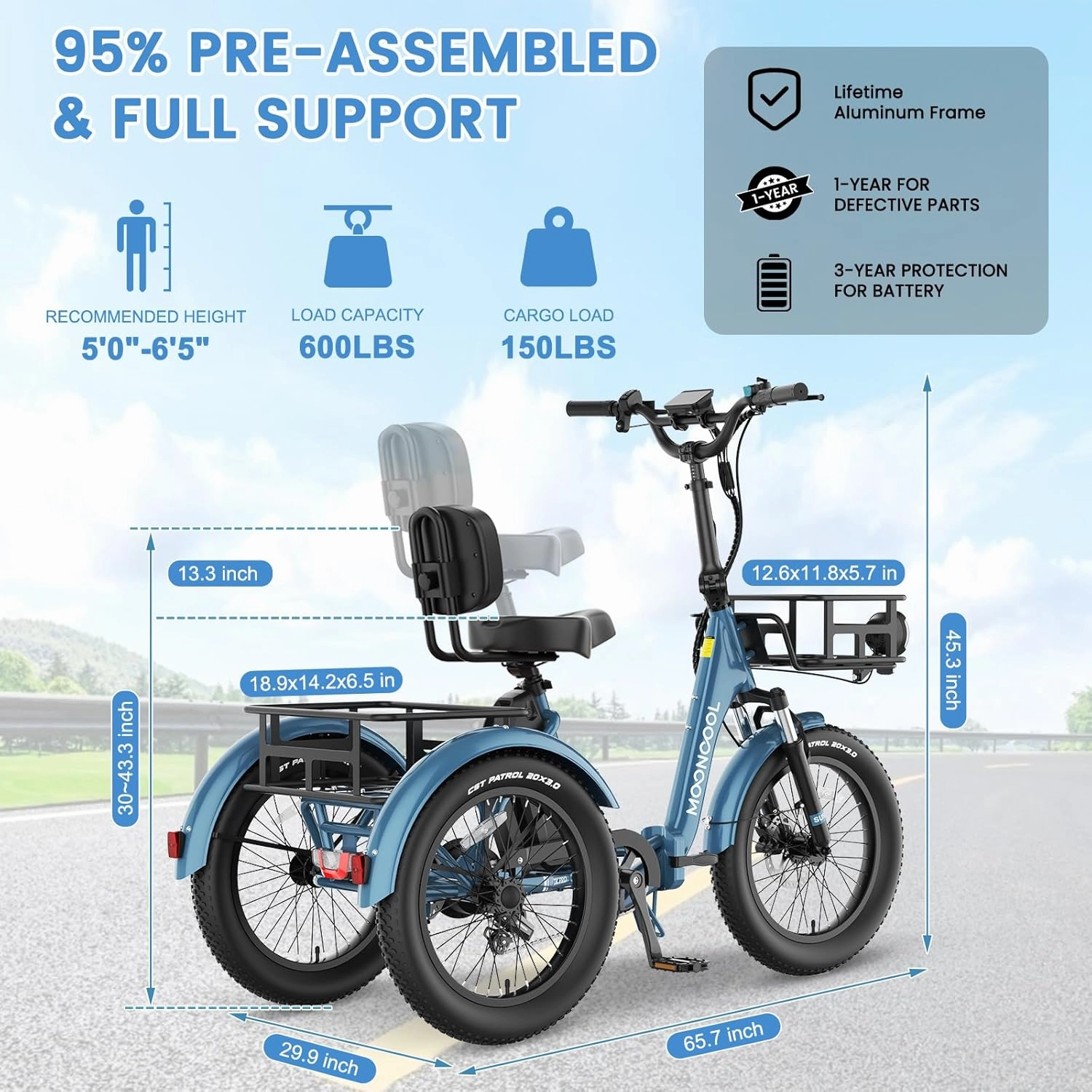 MOONCOOL Electric Trike, Electric Tricycle for Adults, 20" Folding 3 Wheels Electric Bicycle Bikes, 48V 500W/750W Motorized Electric Ebike with Aluminum Frame, Removable Battery and Basket