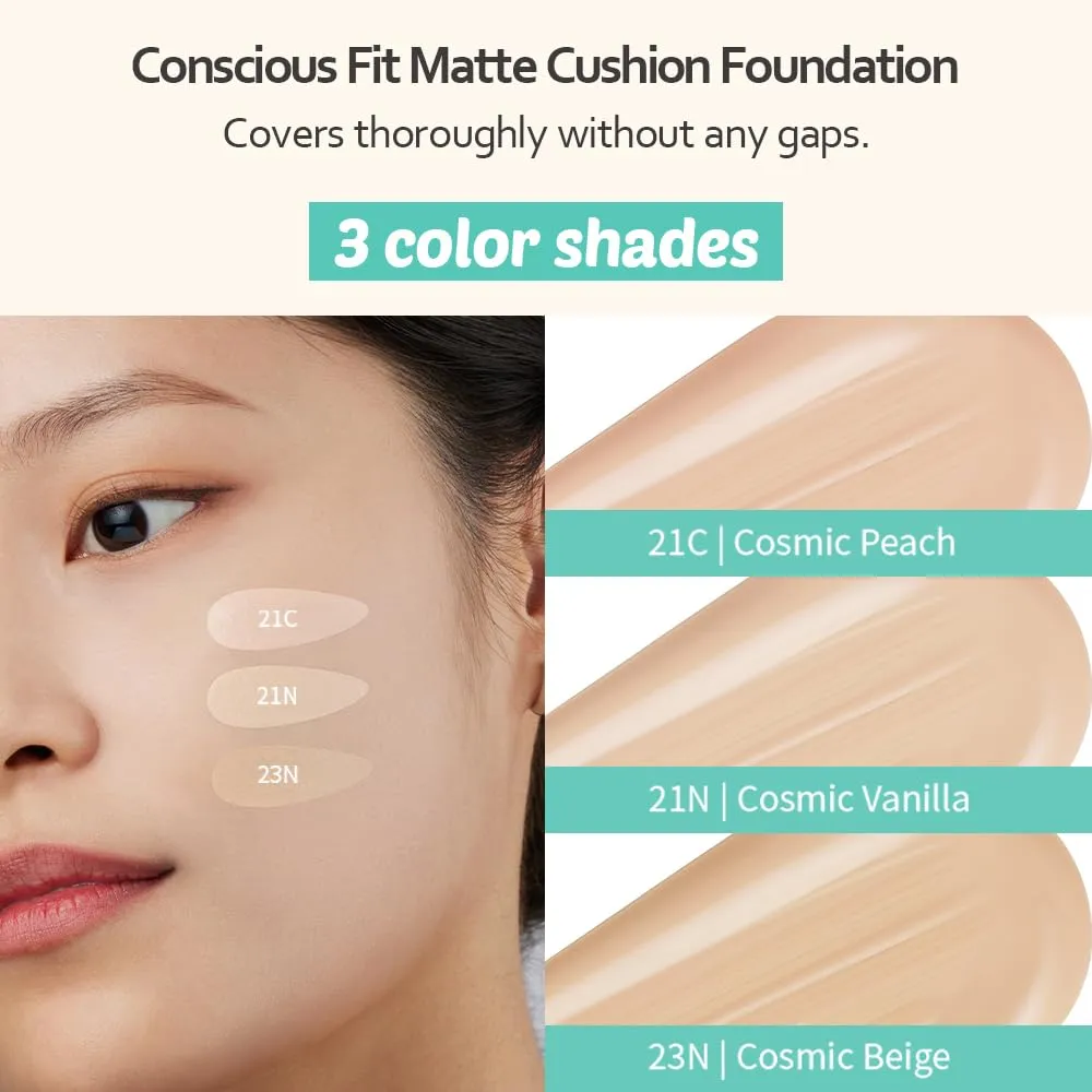 MOONSHOT KOREA Matte Fit Cushion Foundation Full Coverage Matte Finish, Breathable Makeup for Face, Long Lasting, Lightweight K-BEAUTY (21N Cosmic Vanilla, Matte Fit Cushion)