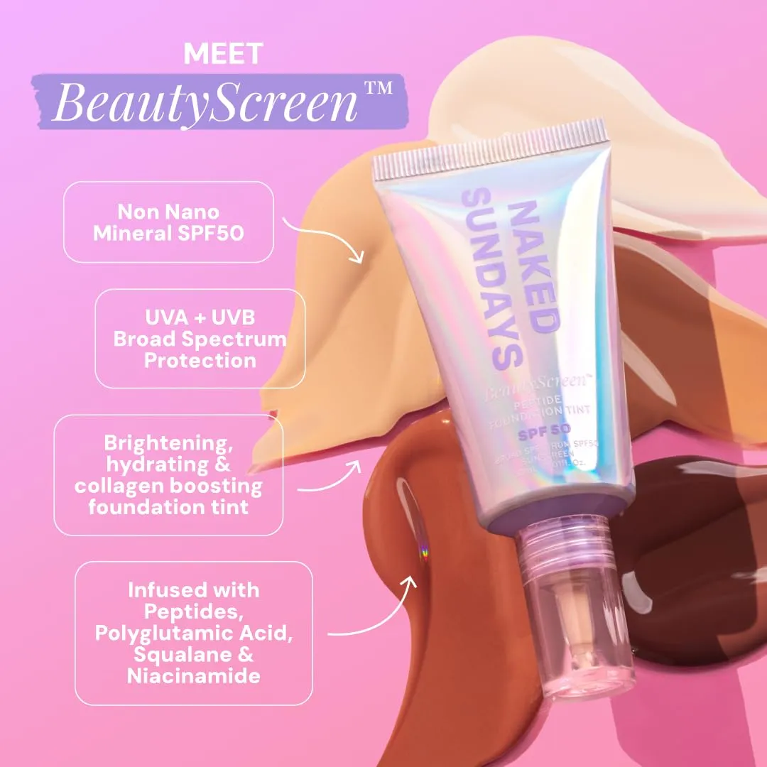 Naked Sundays BeautyScreen™ SPF 50 Mineral Peptide Foundation Tint – 2-in-1 Skin Tint & Mineral Sunscreen | Radiant, Buildable Coverage, Acne-Safe, Infused with Peptides (4 Medium honey, 1.01 oz)