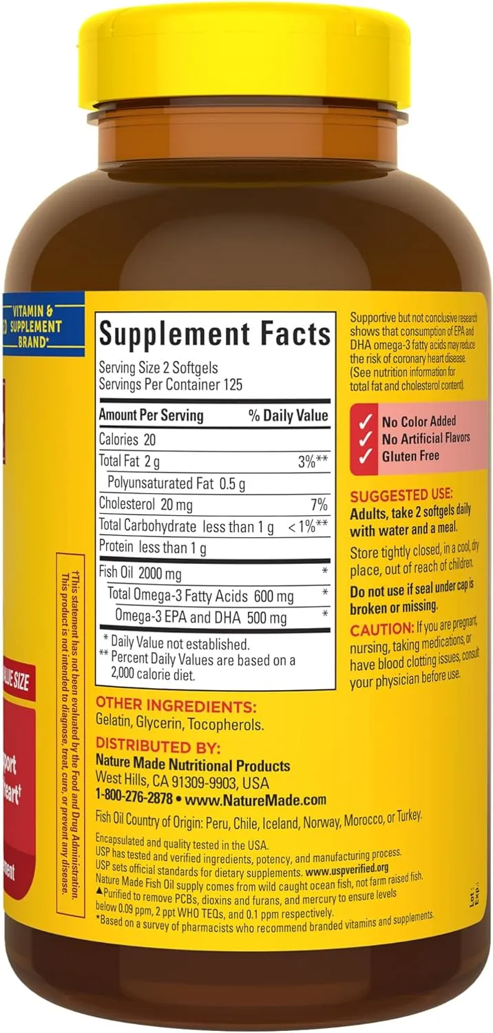 Nature Made Fish Oil Omega 3 Supplements, 1000mg Softgels, Omega 3 Fish Oil for Healthy Heart Support, 250 Softgels, 125 Day Supply