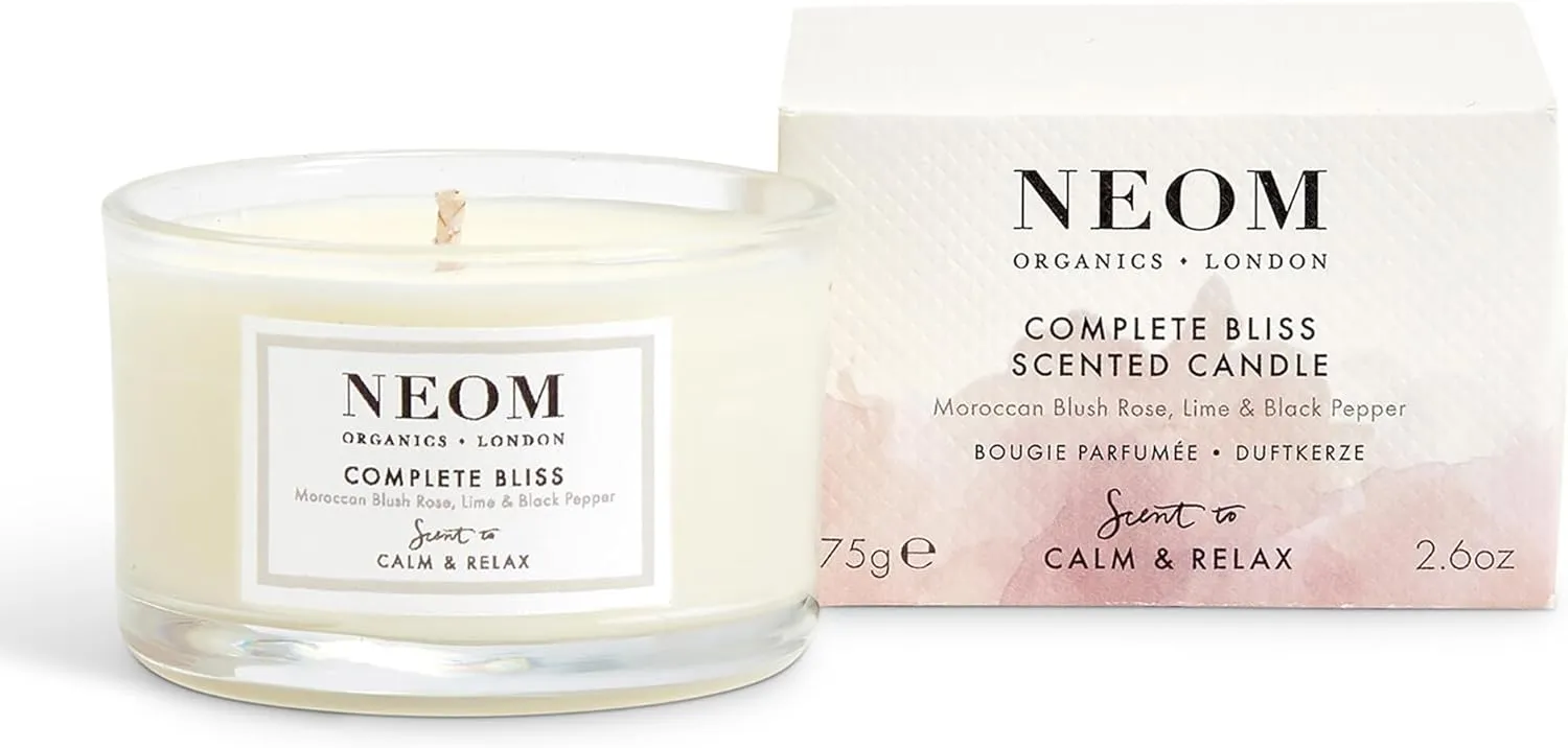 NEOM- Complete Bliss Scented Candle, Travel Size | Blush Rose, Lime & Black Pepper | Essential Oil Aromatherapy Candle | Scent to De-Stress