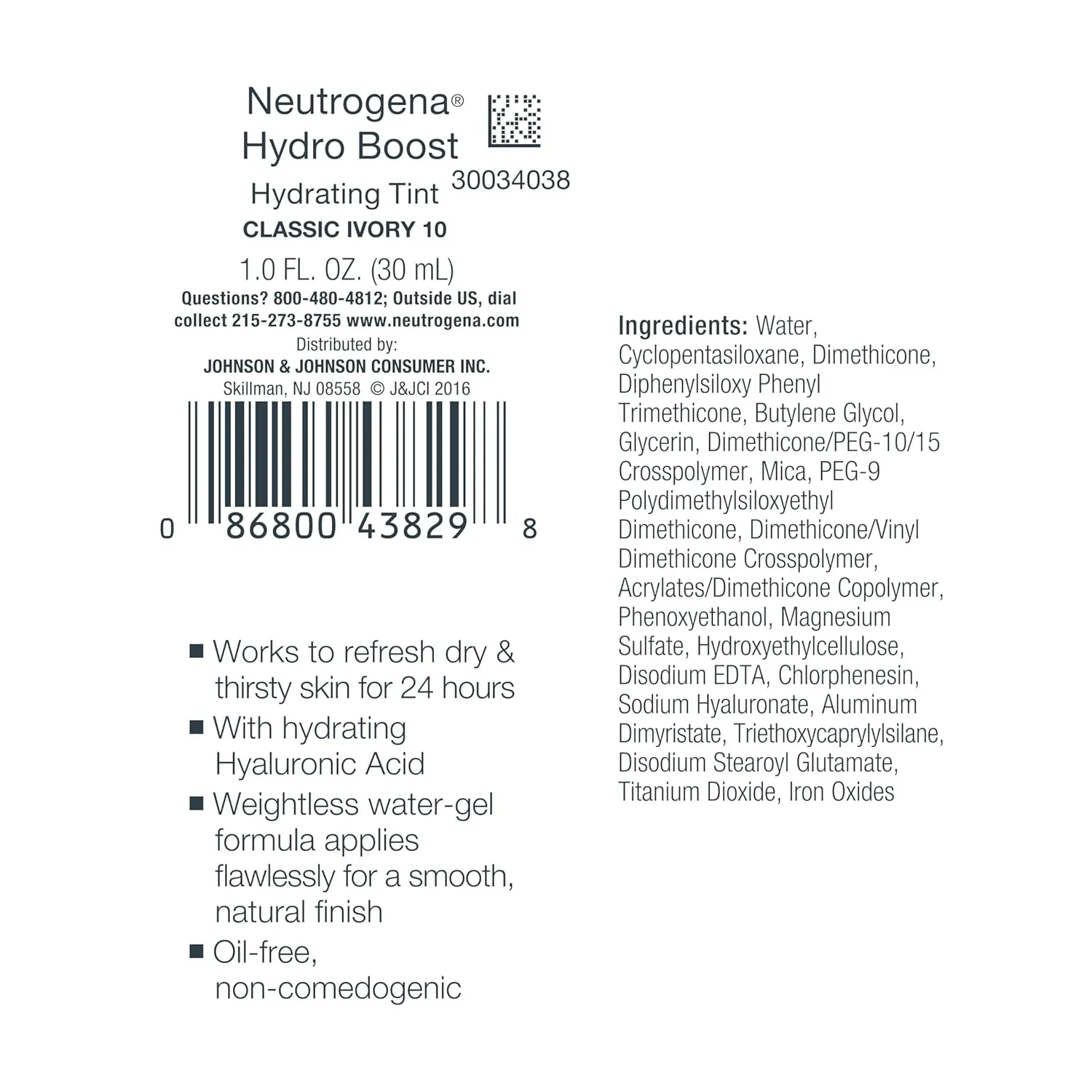 Neutrogena Hydro Boost Hydrating Tint with Hyaluronic Acid, Lightweight Water Gel Formula, Moisturizing, Oil-Free & Non-Comedogenic Liquid Foundation Makeup, 10 Classic Ivory, 1.0 fl. oz