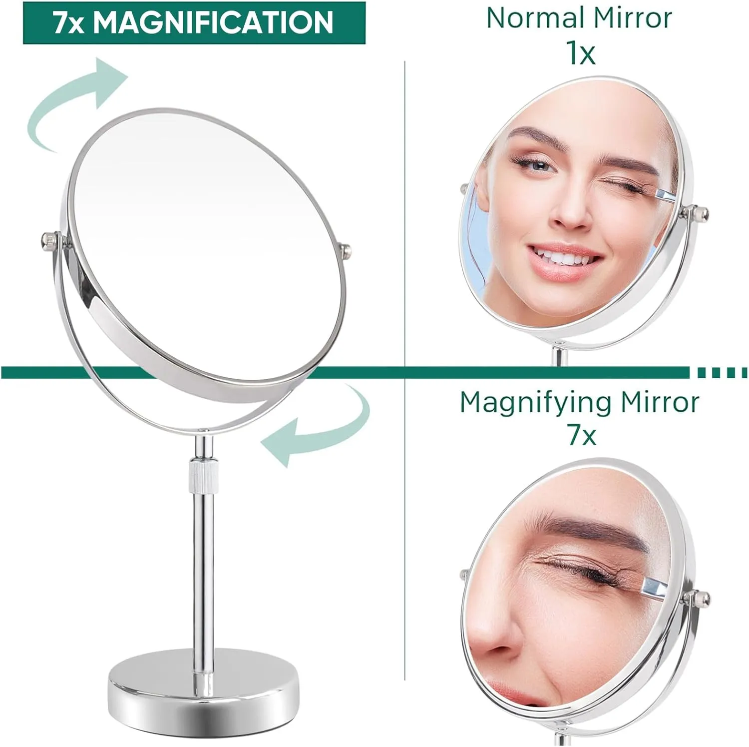 Nicesail Makeup Mirror Tabletop 8 Inch Double-Sided with 7X Magnification, Magnifying Mirror with Pedestal for Shaving Mirror, Height Adjustable Mirror for Makeup, Chrome Finish (8 Inch, 7X)