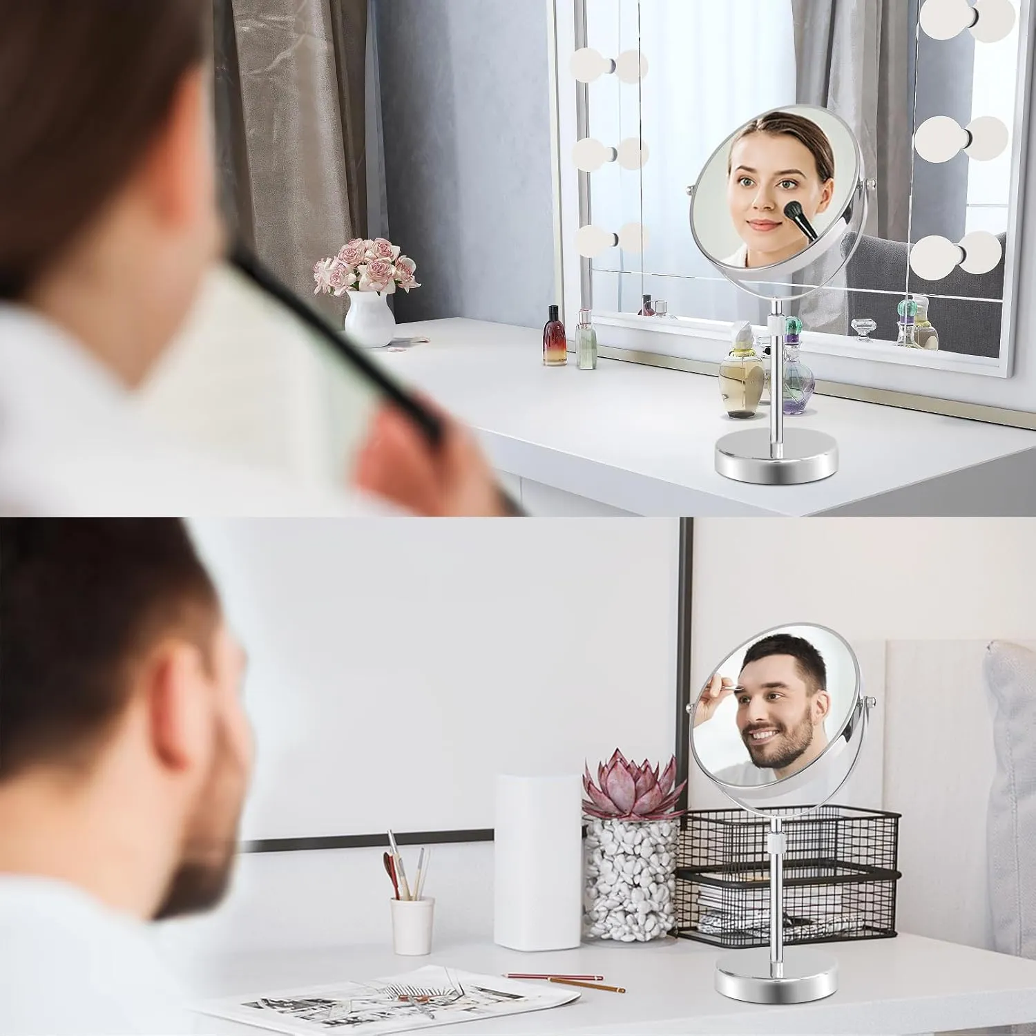 Nicesail Makeup Mirror Tabletop 8 Inch Double-Sided with 7X Magnification, Magnifying Mirror with Pedestal for Shaving Mirror, Height Adjustable Mirror for Makeup, Chrome Finish (8 Inch, 7X)