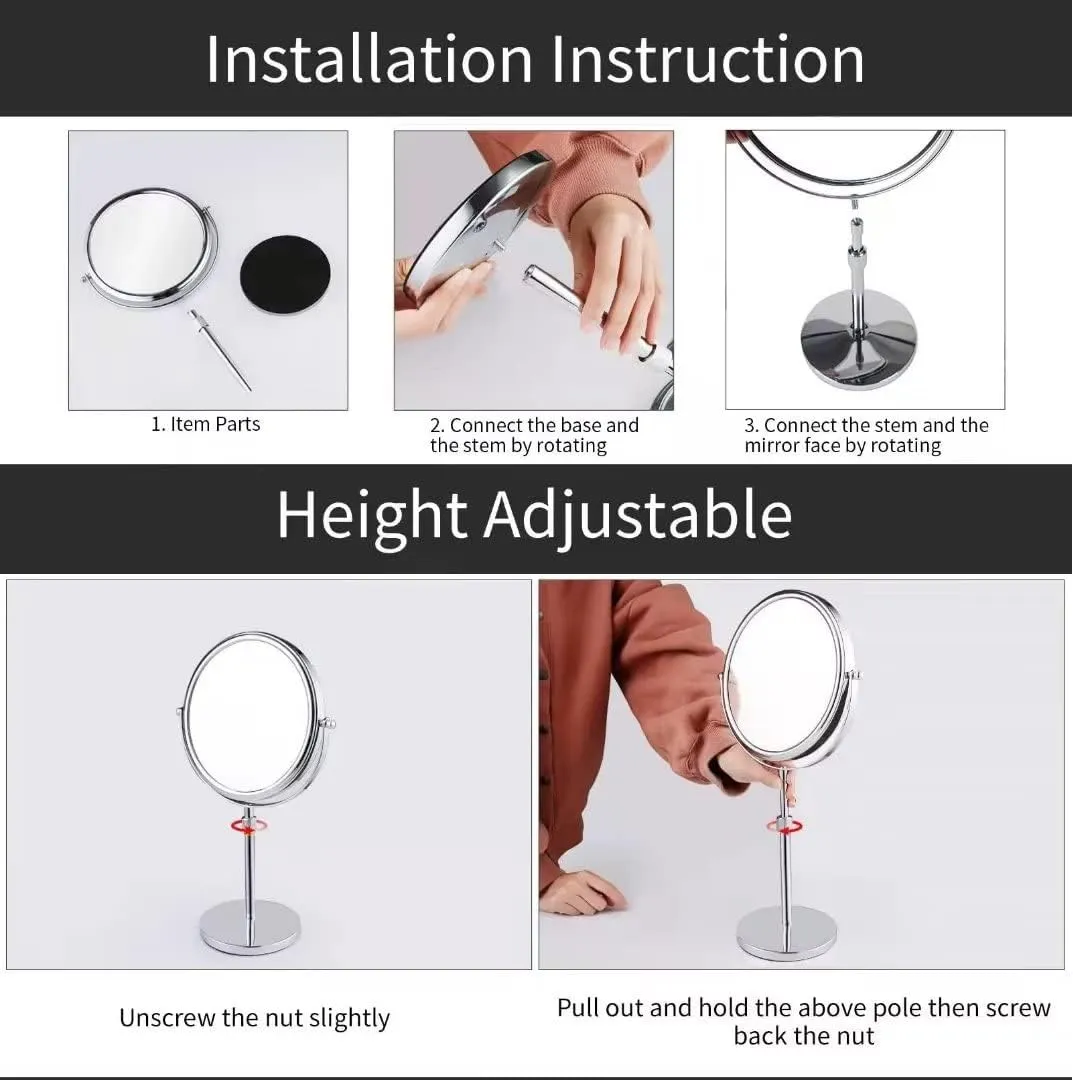 Nicesail Makeup Mirror Tabletop 8 Inch Double-Sided with 7X Magnification, Magnifying Mirror with Pedestal for Shaving Mirror, Height Adjustable Mirror for Makeup, Chrome Finish (8 Inch, 7X)