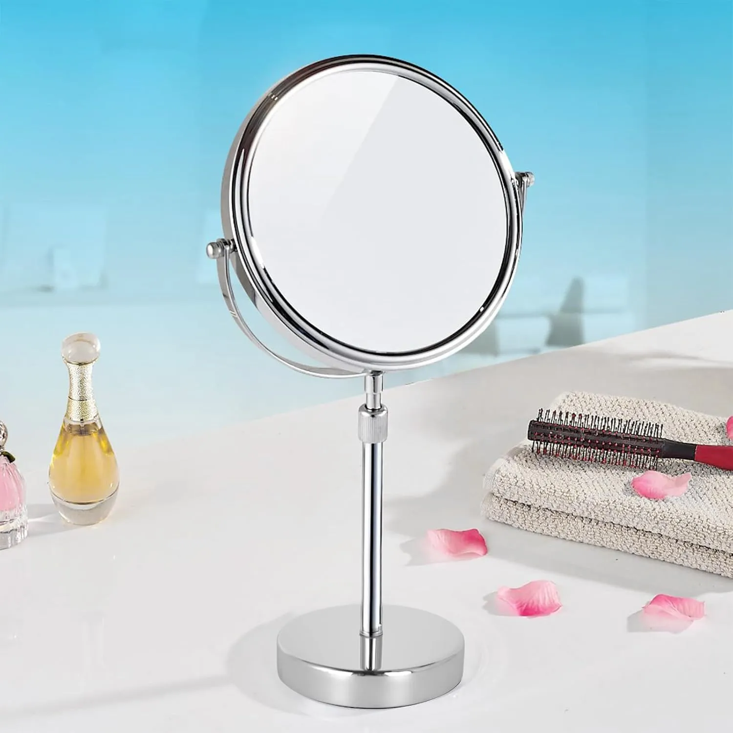 Nicesail Makeup Mirror Tabletop 8 Inch Double-Sided with 7X Magnification, Magnifying Mirror with Pedestal for Shaving Mirror, Height Adjustable Mirror for Makeup, Chrome Finish (8 Inch, 7X)