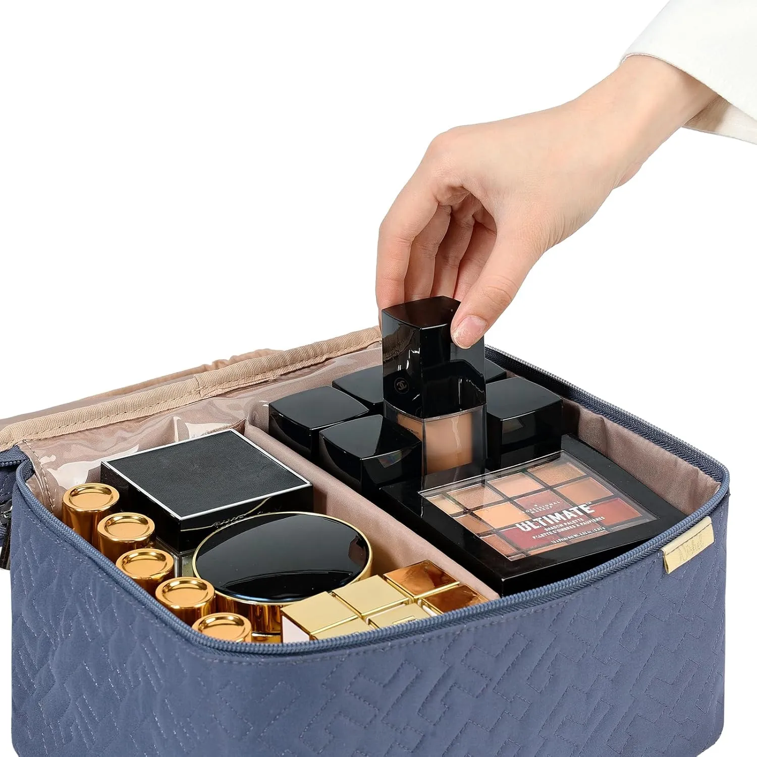 NISHEL Large Double Layer Travel Makeup Bag Women, Cosmetic Case, Organizer for Travel-Size Accessories Bottles, Brushes, Conditioner, and Skin Care Products, Aegean-Blue