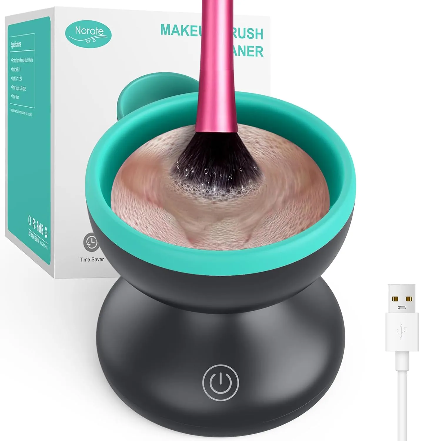 Norate Electric Makeup Brush Cleaner Machine, Automatic Makeup Brush Cleaner for Fast and Deep Cleaning - Portable Brush Cleaning Device with Rotating Silicone Fit for All Size Makeup Brushes
