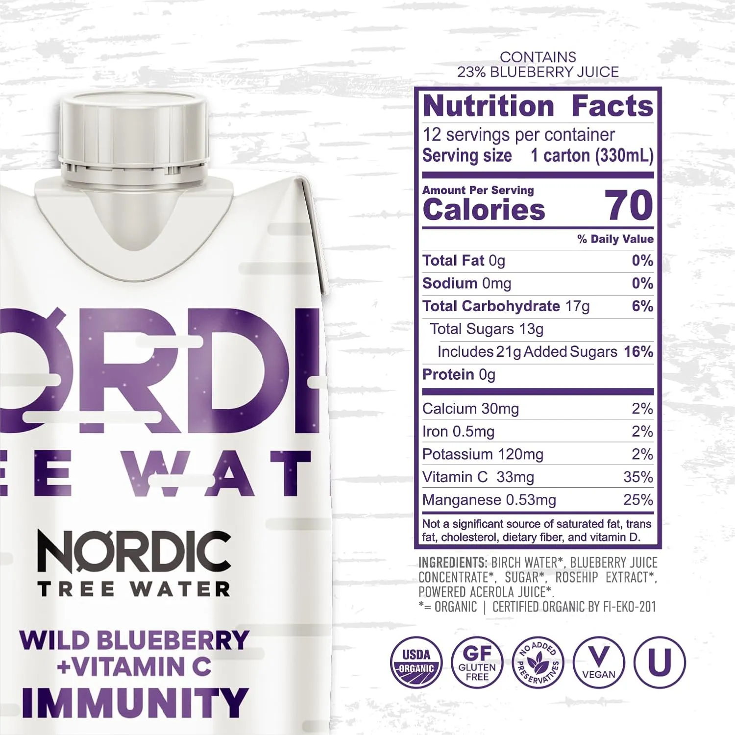 Organic Birch Tree Water IMMUNITY - Antioxidant-Rich Hydration, Immune Support Superdrink, Sustainably Harvested in Finland, BPA-Free Tetra Pak (Pack of 12)