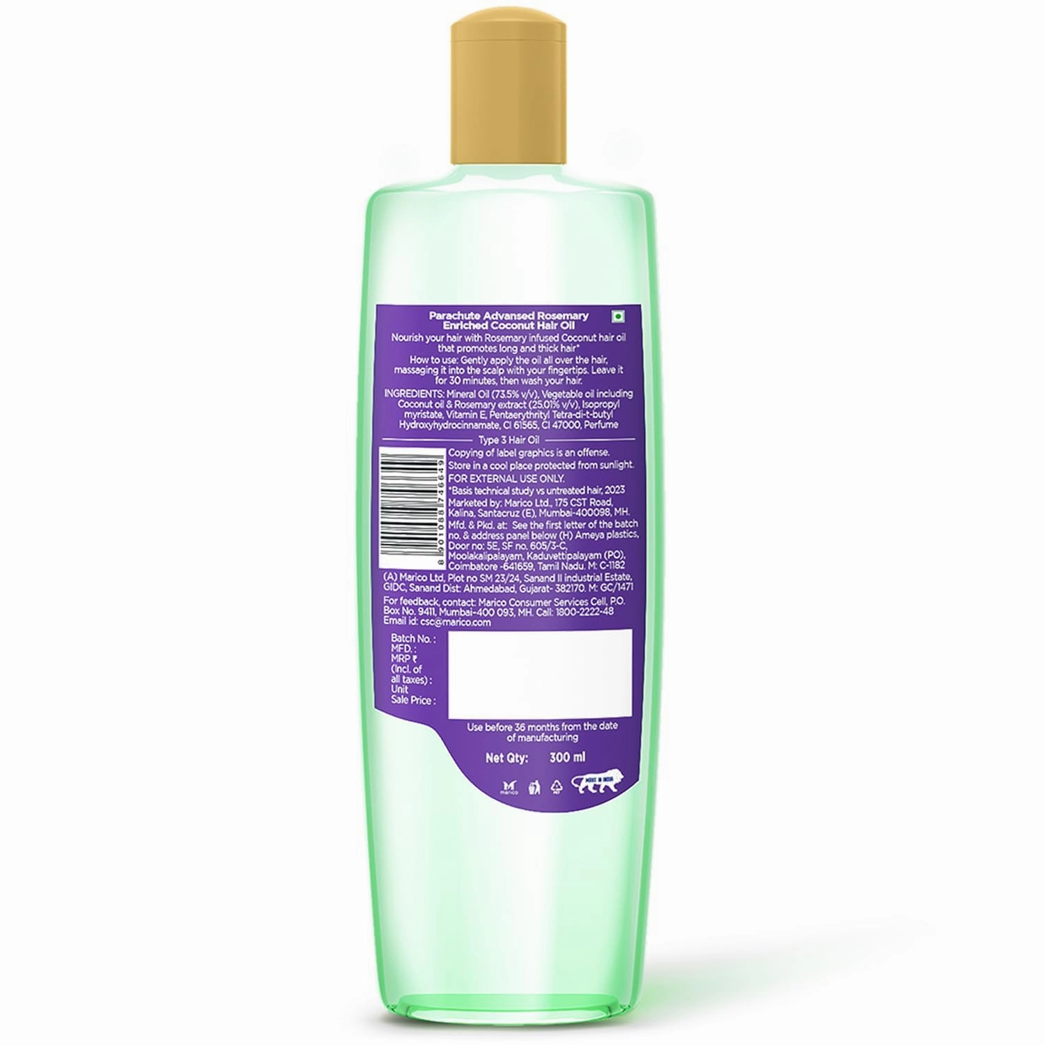 Parachute Advansed Rosemary Hair Oil with Coconut| For 2x Longer & Thicker Hair| Reduces Hairfall & Strengthens Hair| All Hair Types|No Parabens & Silicones| 10.1 Fl.oz.