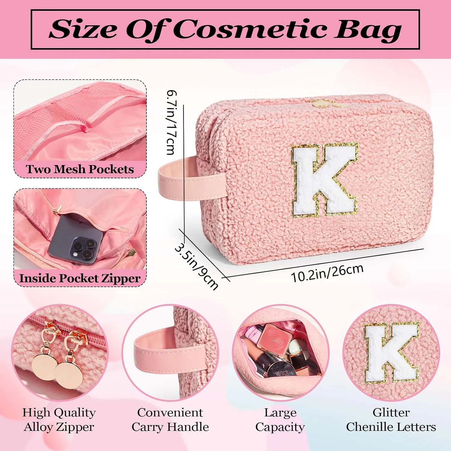 Personalized Makeup Bag - Cute Makeup Bags Monogram Initial Cosmetic Bag Travel Toiletry Bag Makeup Brush Bag, Makeup Bag with Zipper Personalized Daughter Friend Gifts for Woman Pink K