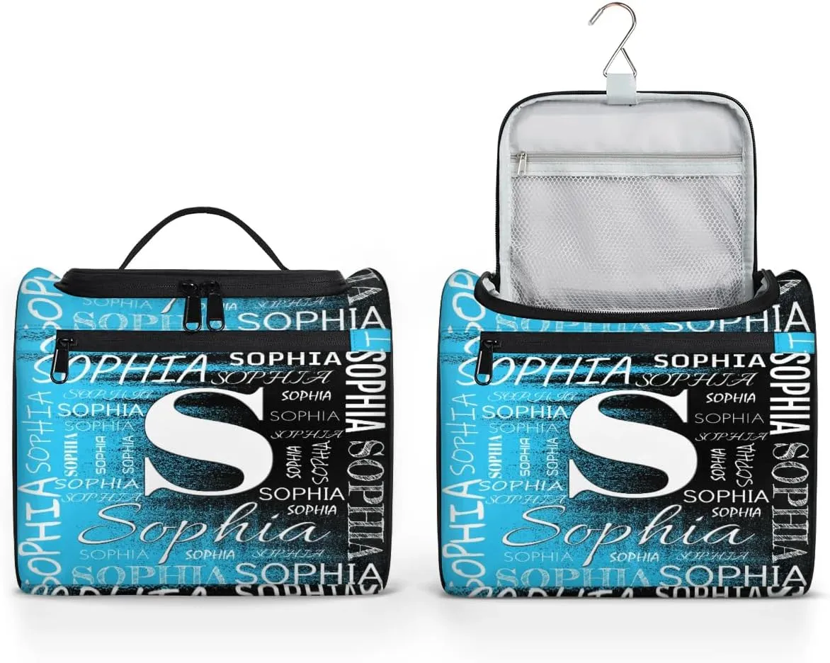 Personalized Travel Toiletry Bag for Women and Men, Hanging Travel Bag for Toiletries, Custom Makeup Organizer Bag for Cosmetics, Customized with Name Birthdays Gifts, Blue Black Print