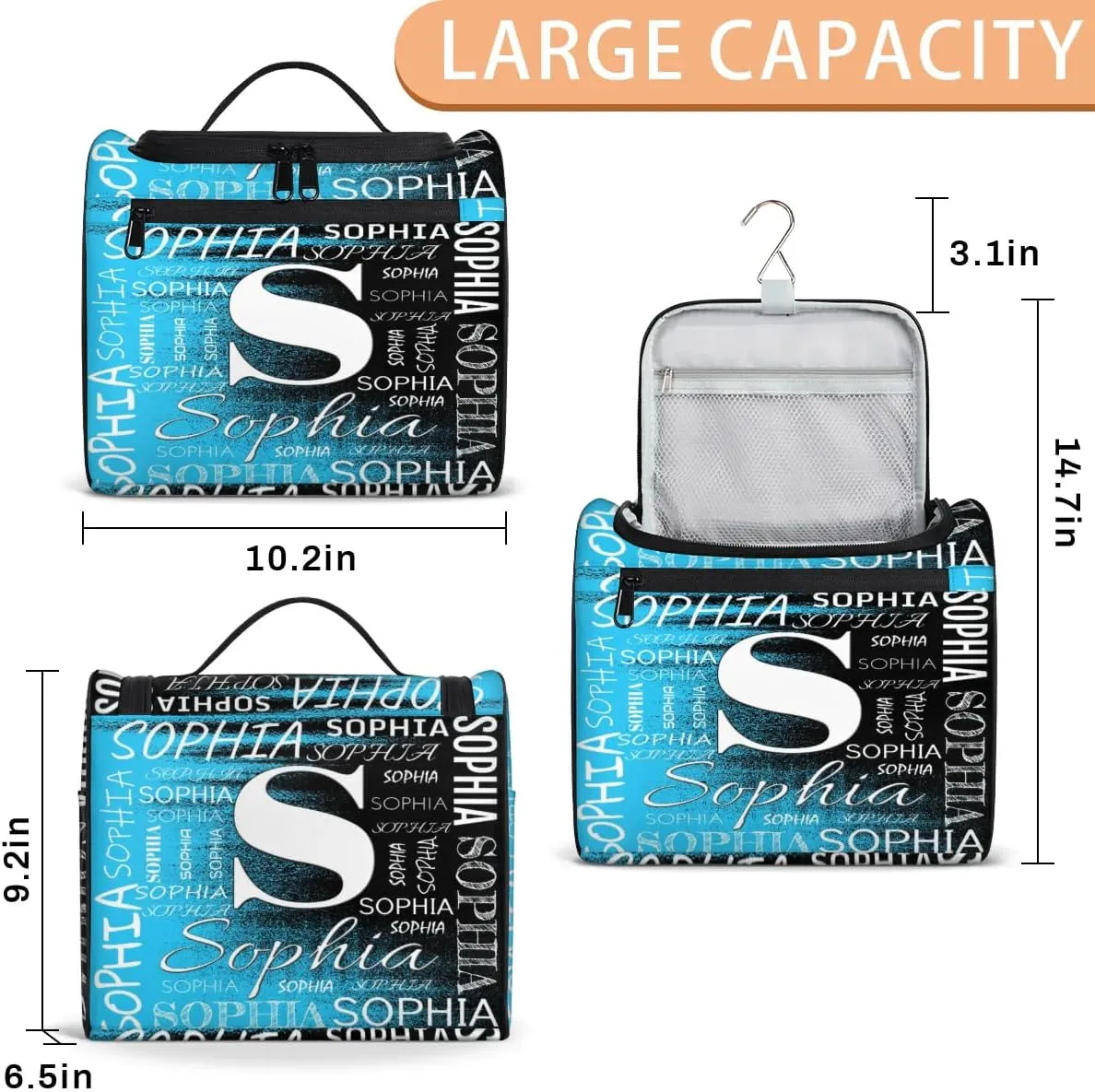 Personalized Travel Toiletry Bag for Women and Men, Hanging Travel Bag for Toiletries, Custom Makeup Organizer Bag for Cosmetics, Customized with Name Birthdays Gifts, Blue Black Print