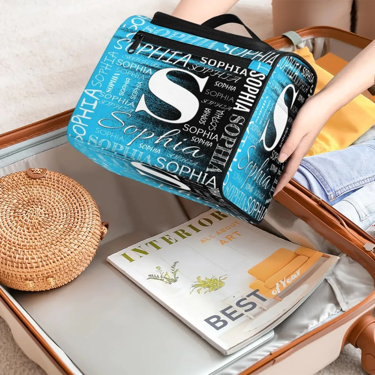 Personalized Travel Toiletry Bag for Women and Men, Hanging Travel Bag for Toiletries, Custom Makeup Organizer Bag for Cosmetics, Customized with Name Birthdays Gifts, Blue Black Print