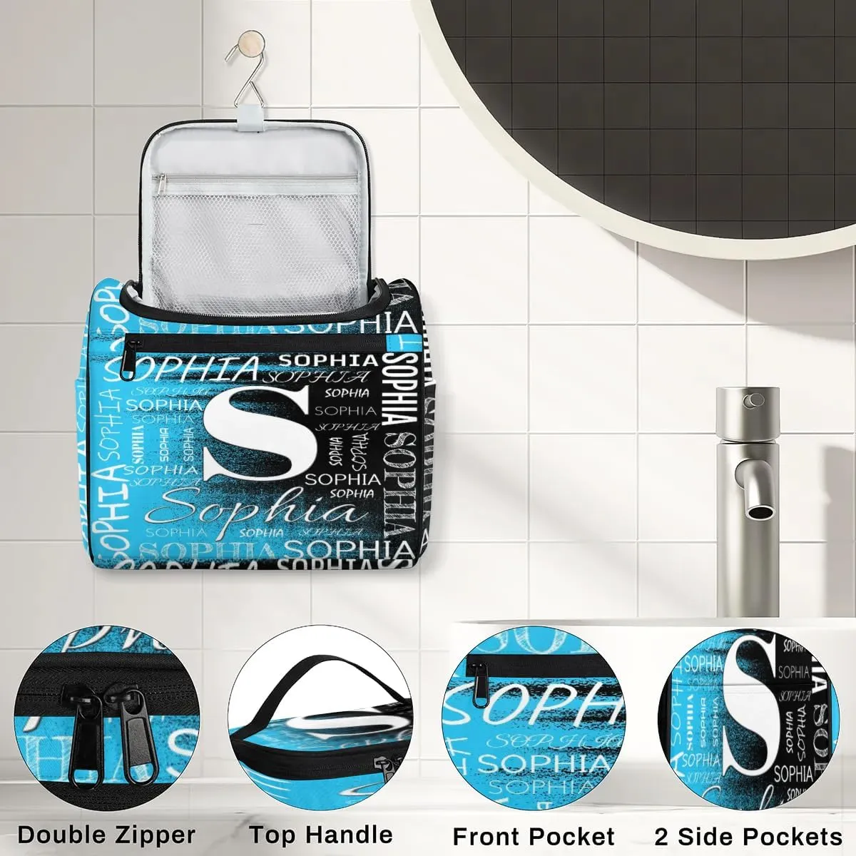 Personalized Travel Toiletry Bag for Women and Men, Hanging Travel Bag for Toiletries, Custom Makeup Organizer Bag for Cosmetics, Customized with Name Birthdays Gifts, Blue Black Print