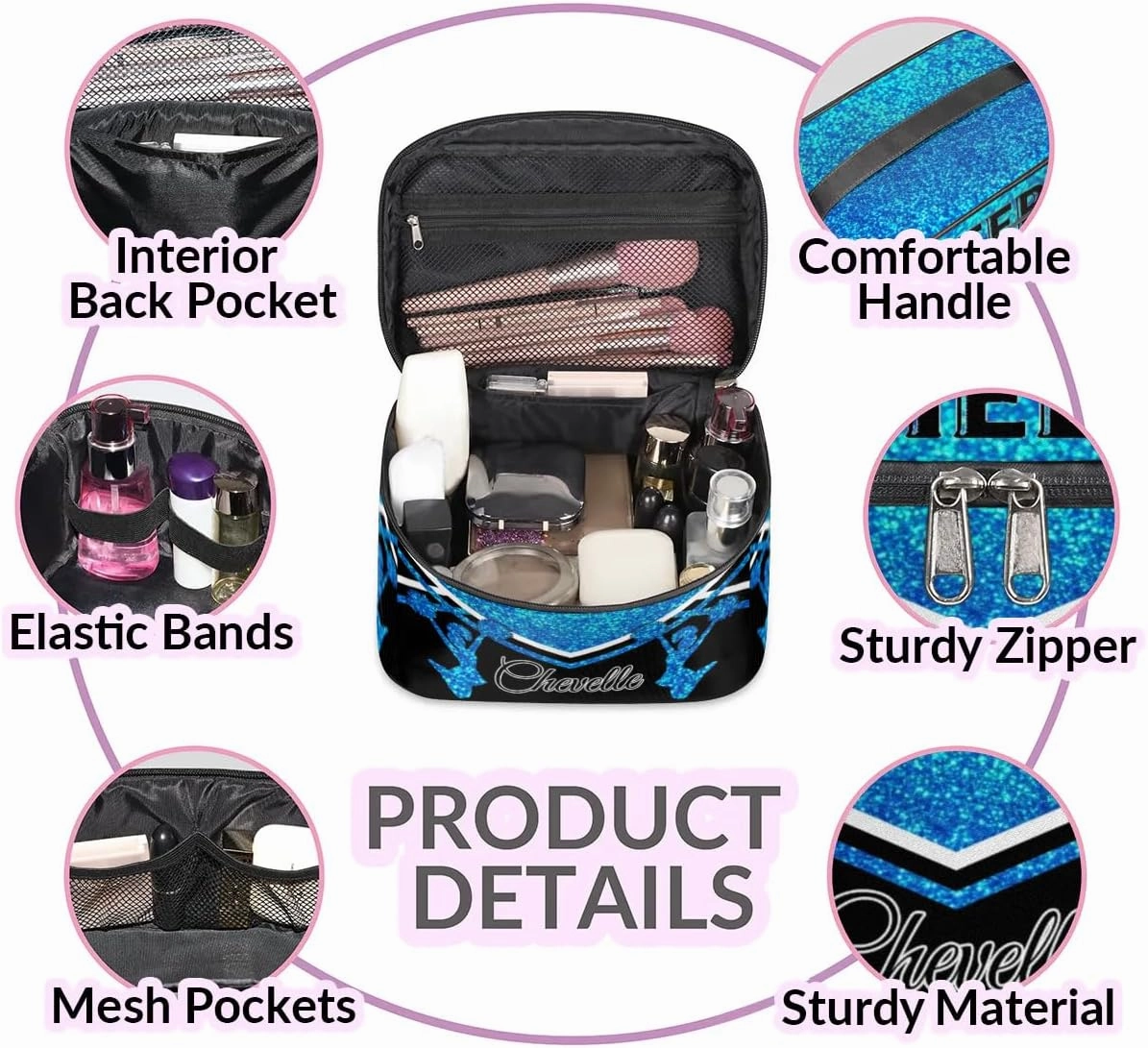 Personalized Cheer Travel Makeup Bag for Girls Women, Custom Cheerleader Cosmetic Make Up Zipper Pouch Bags, Personalized Gifts, Blue Glitter Bag