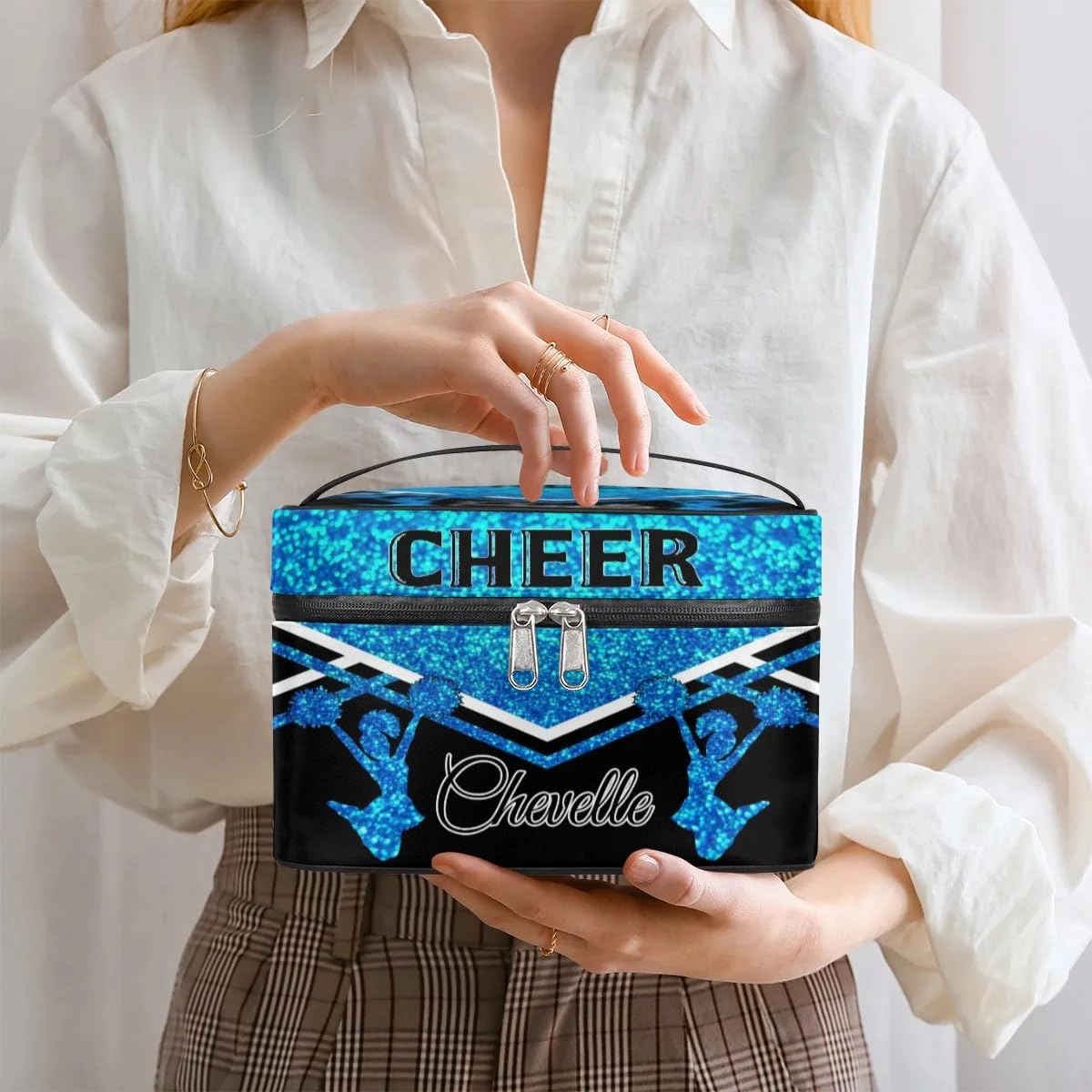 Personalized Cheer Travel Makeup Bag for Girls Women, Custom Cheerleader Cosmetic Make Up Zipper Pouch Bags, Personalized Gifts, Blue Glitter Bag