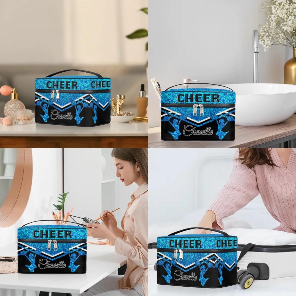 Personalized Cheer Travel Makeup Bag for Girls Women, Custom Cheerleader Cosmetic Make Up Zipper Pouch Bags, Personalized Gifts, Blue Glitter Bag