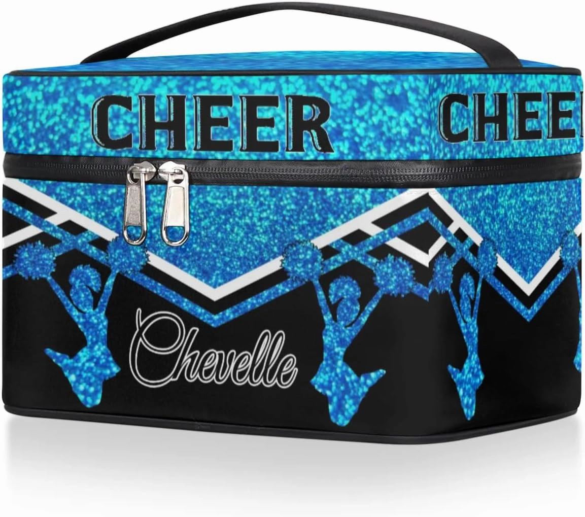 Personalized Cheer Travel Makeup Bag for Girls Women, Custom Cheerleader Cosmetic Make Up Zipper Pouch Bags, Personalized Gifts, Blue Glitter Bag