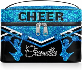 Personalized Cheer Travel Makeup Bag for Girls Women, Custom Cheerleader Cosmetic Make Up Zipper Pouch Bags, Personalized Gifts, Blue Glitter Bag