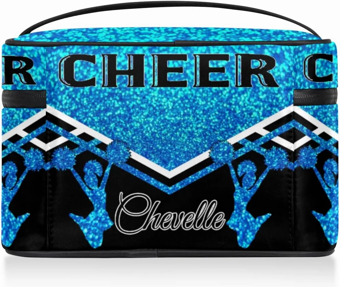 Personalized Cheer Travel Makeup Bag for Girls Women, Custom Cheerleader Cosmetic Make Up Zipper Pouch Bags, Personalized Gifts, Blue Glitter Bag