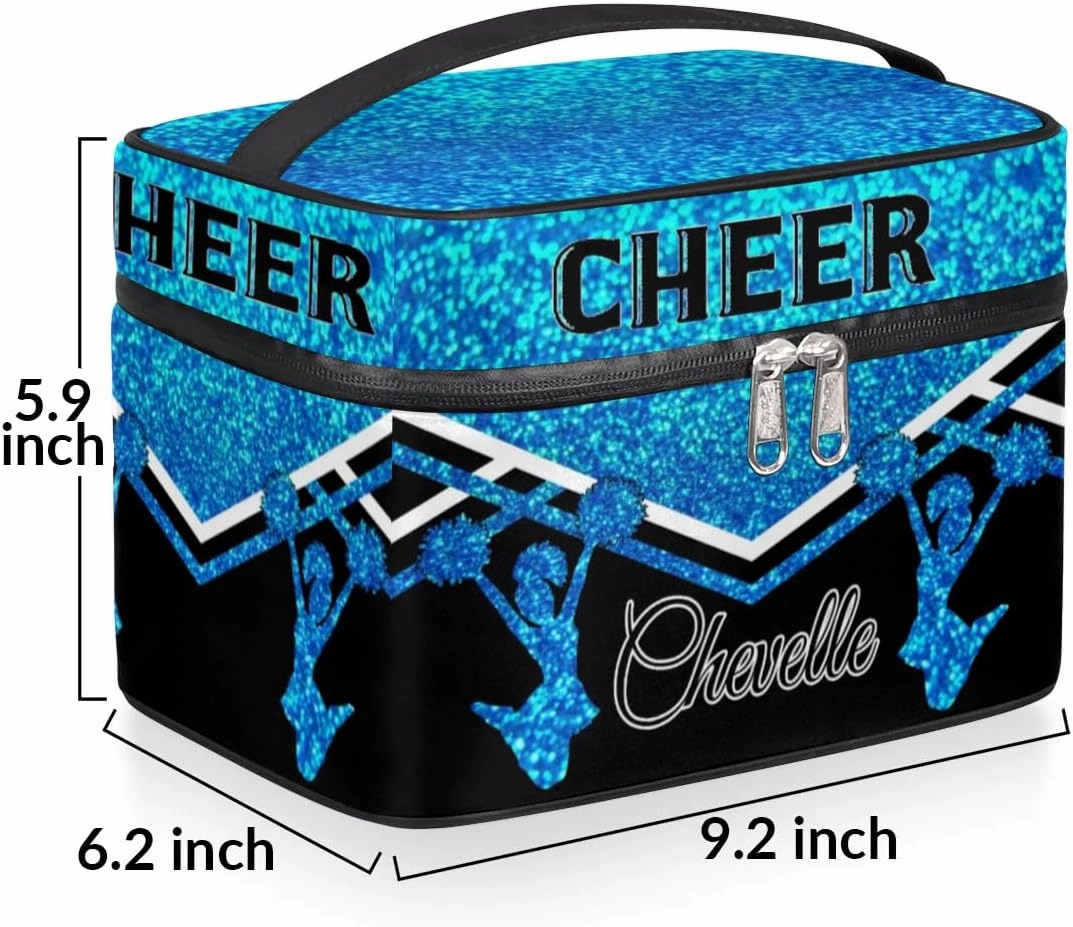 Personalized Cheer Travel Makeup Bag for Girls Women, Custom Cheerleader Cosmetic Make Up Zipper Pouch Bags, Personalized Gifts, Blue Glitter Bag