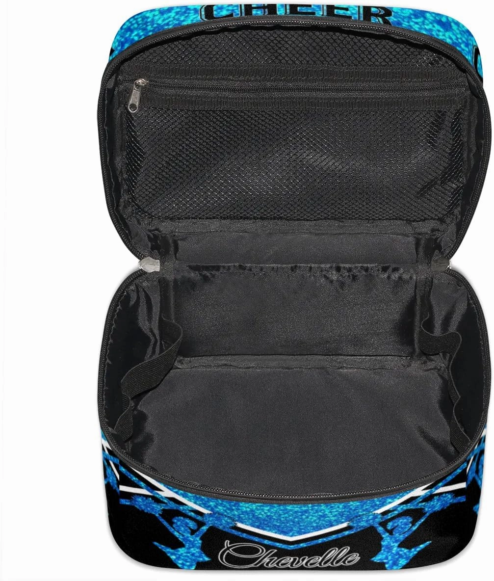 Personalized Cheer Travel Makeup Bag for Girls Women, Custom Cheerleader Cosmetic Make Up Zipper Pouch Bags, Personalized Gifts, Blue Glitter Bag