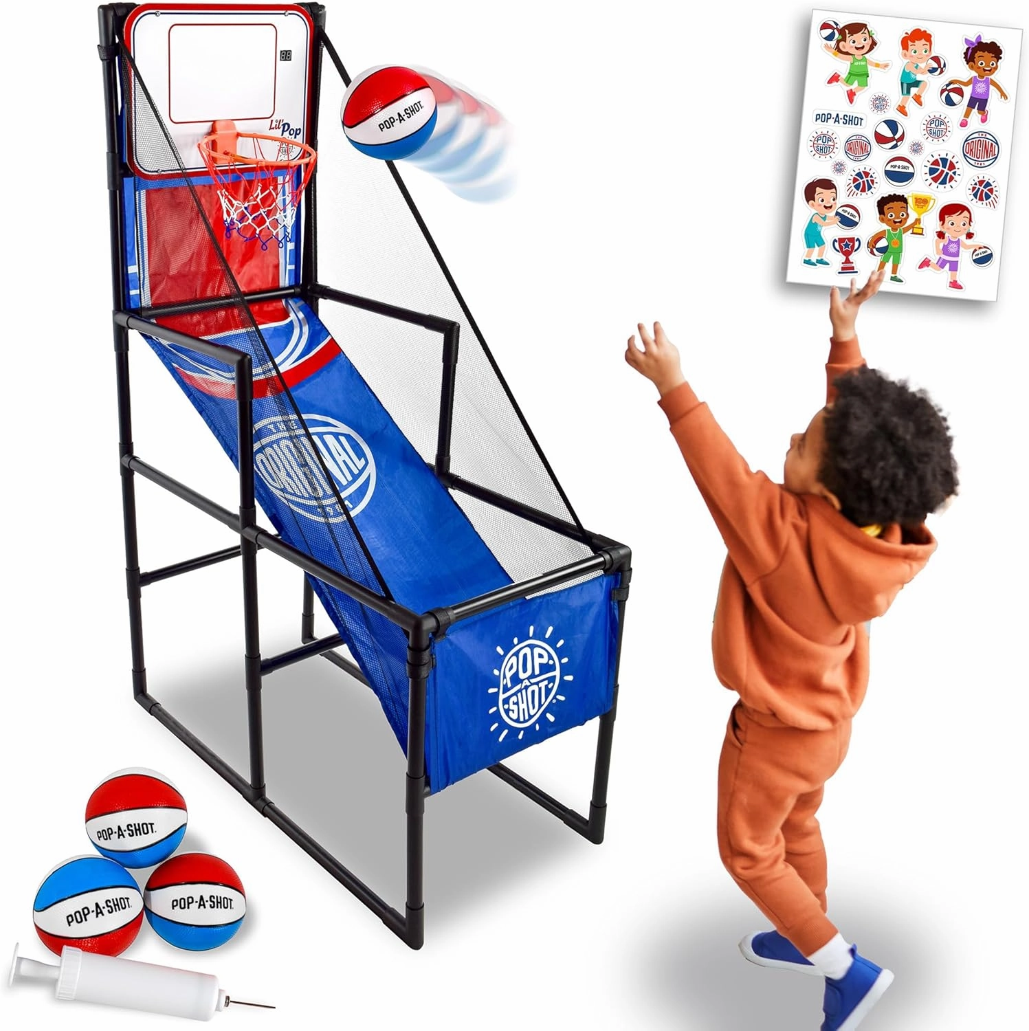 Pop-A-Shot Lil’ Pop Game | Indoor Arcade Basketball Hoop for Kids Age 3-6 | 3 Balls & Sticker Pack | Electronic Scoreboard, Music, Sound FX