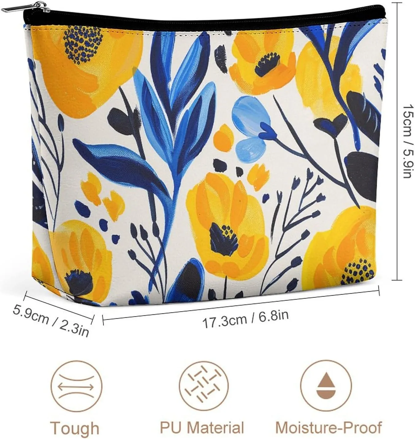 Portable Small Cosmetic Bag Cute Travel Makeup Bag Yellow And Blue Flowers Waterproof Toiletry Bag for Women