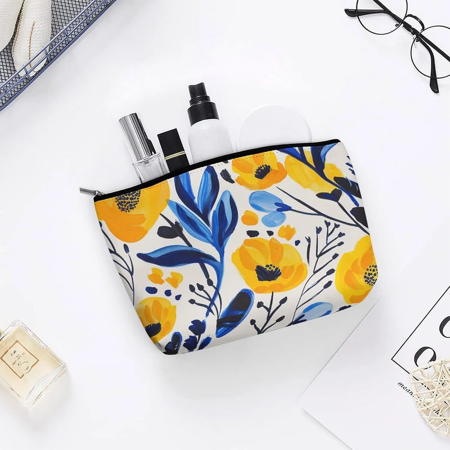 Portable Small Cosmetic Bag Cute Travel Makeup Bag Yellow And Blue Flowers Waterproof Toiletry Bag for Women