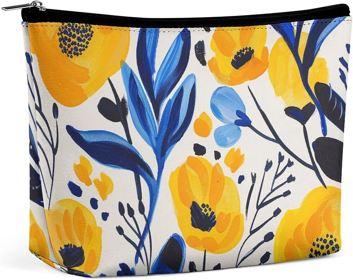 Portable Small Cosmetic Bag Cute Travel Makeup Bag Yellow And Blue Flowers Waterproof Toiletry Bag for Women
