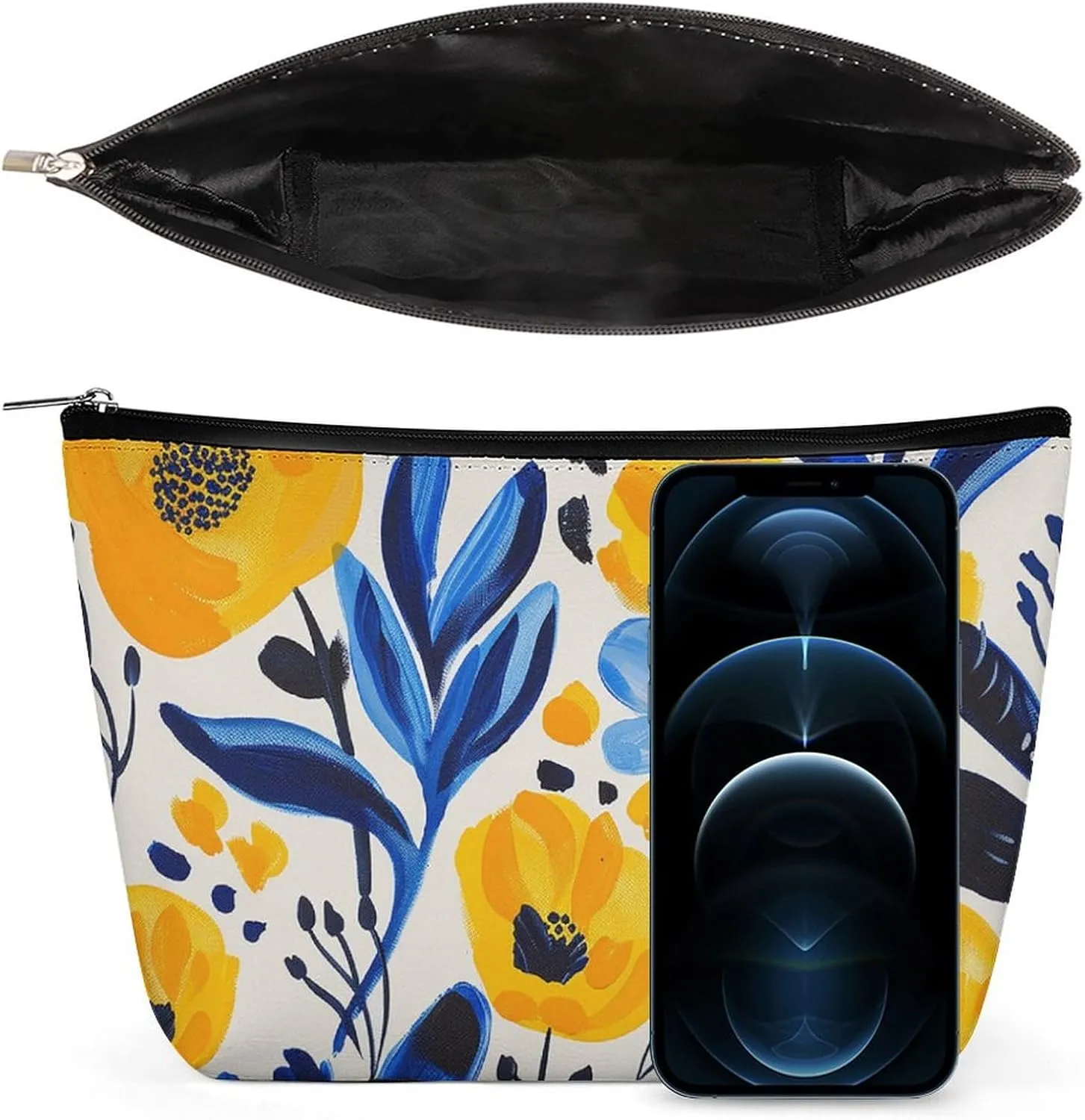 Portable Small Cosmetic Bag Cute Travel Makeup Bag Yellow And Blue Flowers Waterproof Toiletry Bag for Women
