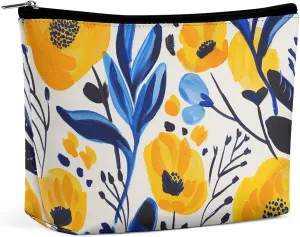 Portable Small Cosmetic Bag Cute Travel Makeup Bag Yellow And Blue Flowers Waterproof Toiletry Bag for Women