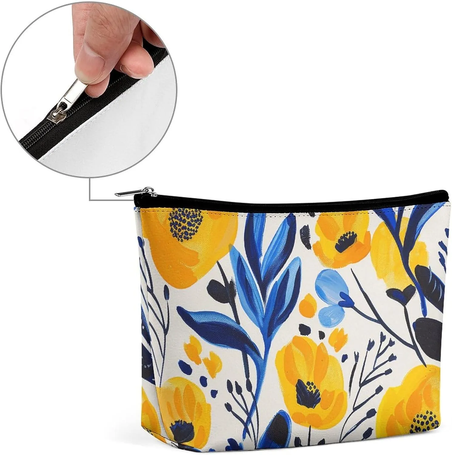 Portable Small Cosmetic Bag Cute Travel Makeup Bag Yellow And Blue Flowers Waterproof Toiletry Bag for Women