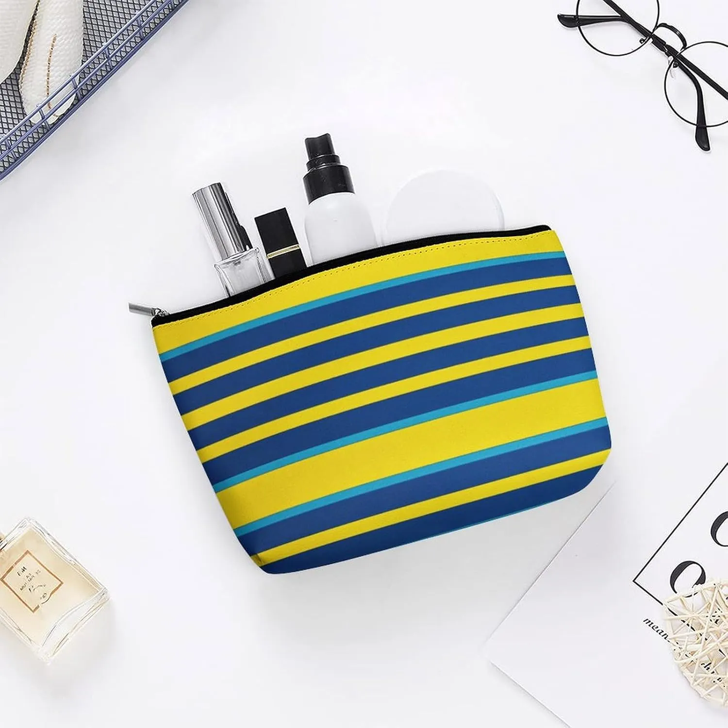 Portable Small Cosmetic Bag Cute Travel Makeup Bag Yellow And Blue Stripes Waterproof Toiletry Bag for Women