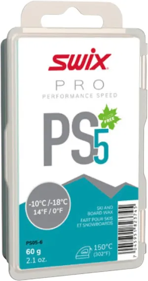 PS05-6 - PRO Speed Wax - PS5 Turquoise 0 to 14 Degrees Fahrenheit - 60g Bar - Fluoro Free - Ski or Snowboard