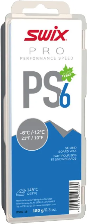 PS06-18 - PRO Speed Wax - PS6 Blue 10 to 21 Degrees Fahrenheit - 180g Bar - Fluoro Free - Ski or Snowboard