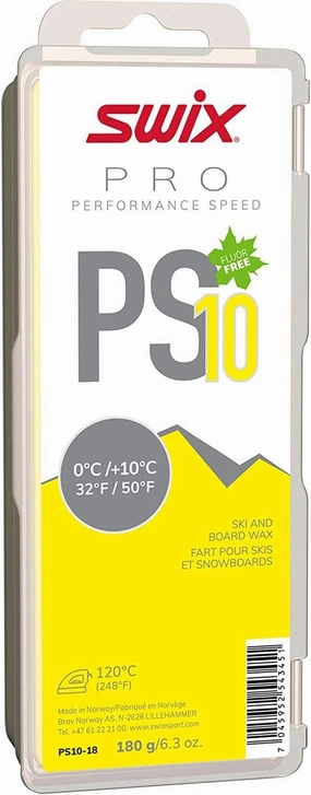 PS10-18 - PRO Speed Wax - PS10 Yellow - 32  Degrees Fahrenheit - 180g Bar - Fluoro Free - Ski or Snowboard - Warm Conditions - Cleaning Storage