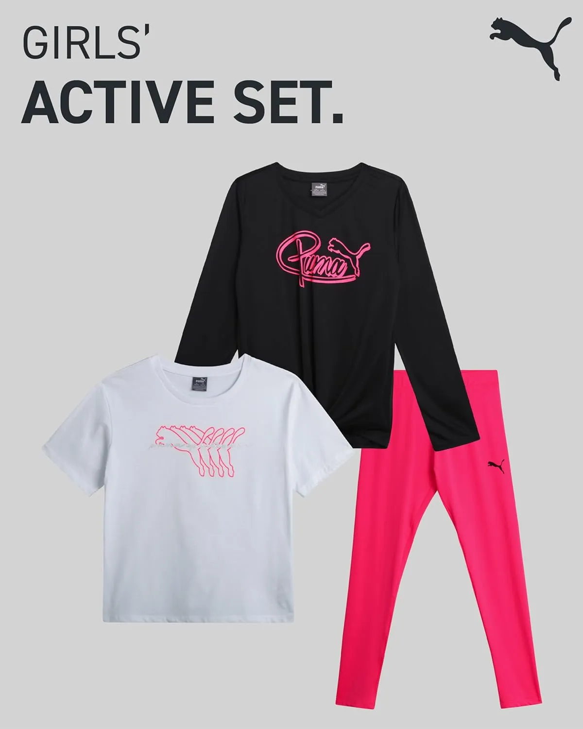 PUMA Girls Leggings Set - 3 Piece Athletic Pullover Long Sleeve Shirt, Top, and Leggings Active Wear Set for Girls (S-L)