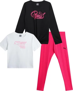 PUMA Girls Leggings Set - 3 Piece Athletic Pullover Long Sleeve Shirt, Top, and Leggings Active Wear Set for Girls (S-L)